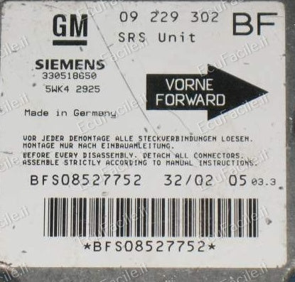 ECU AIRBAG OPEL ASTRA 5WK42925 09229302 SRS UNIT BFS08527752