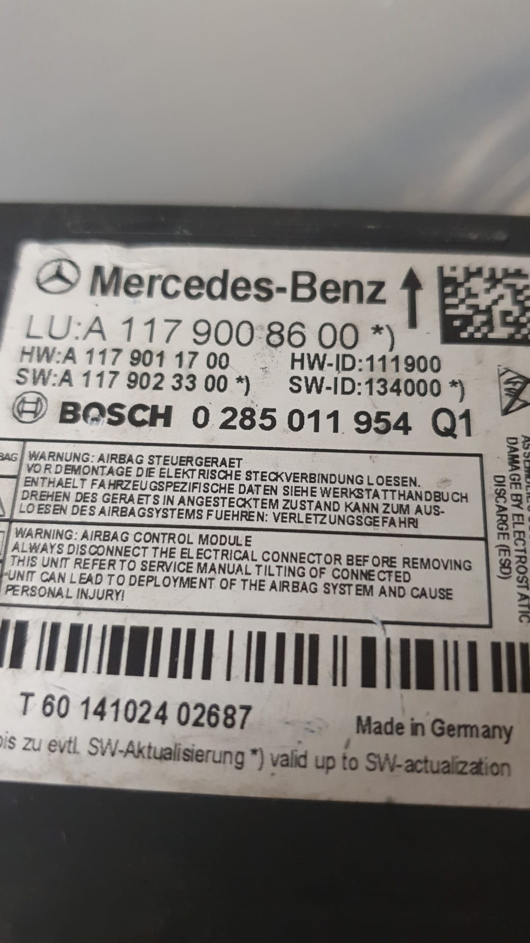 Centralina airbag Mercedes classe A W176, B 246, CLA 117 A1179008600 Bosch 0285011954 Q1