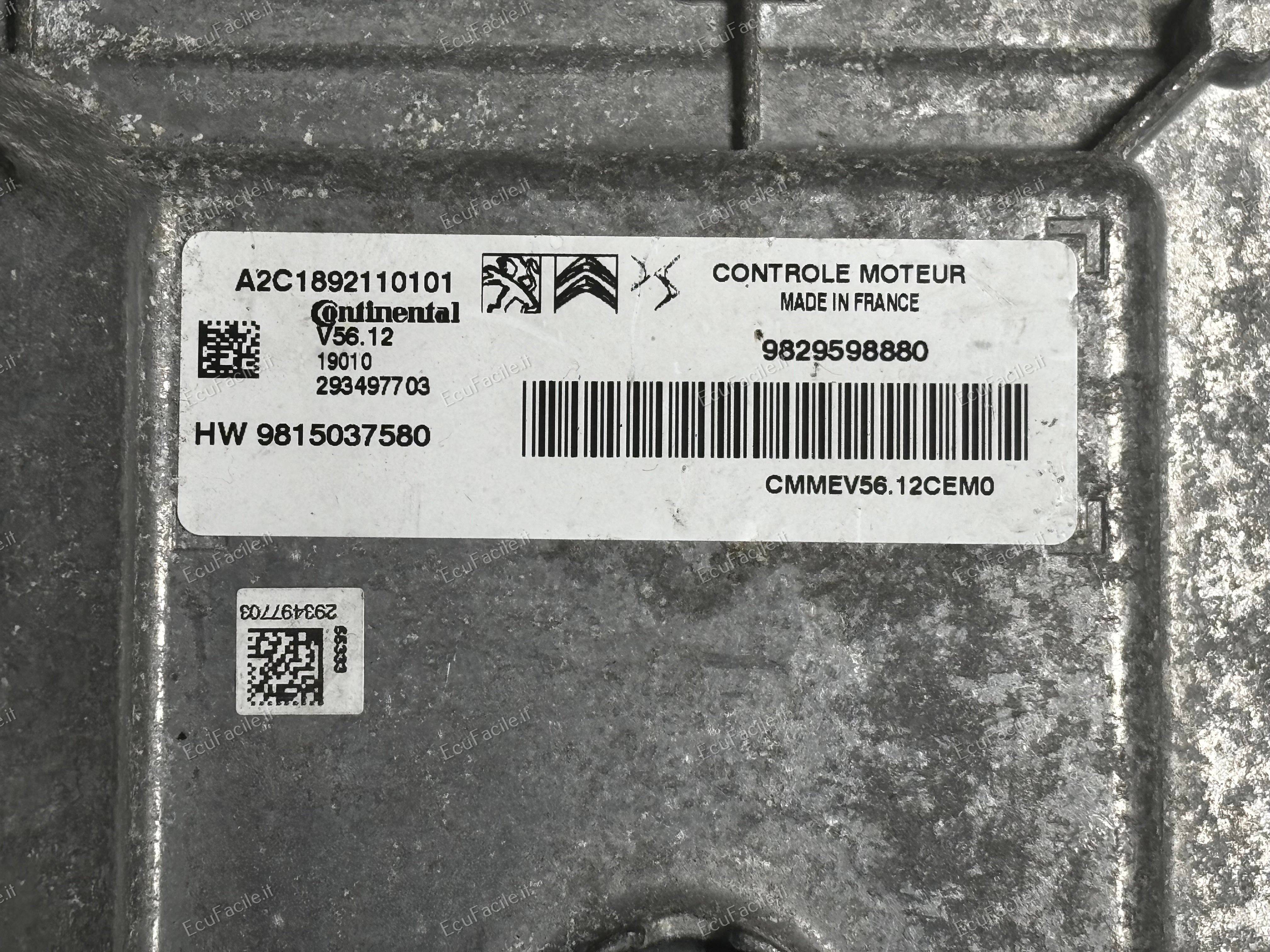 ECU CENTRALINA MOTORE PEUGEOUT 208 V56.12 A2C1892110101 9829598880 NUMERO HW 9815037580 HW9815037580