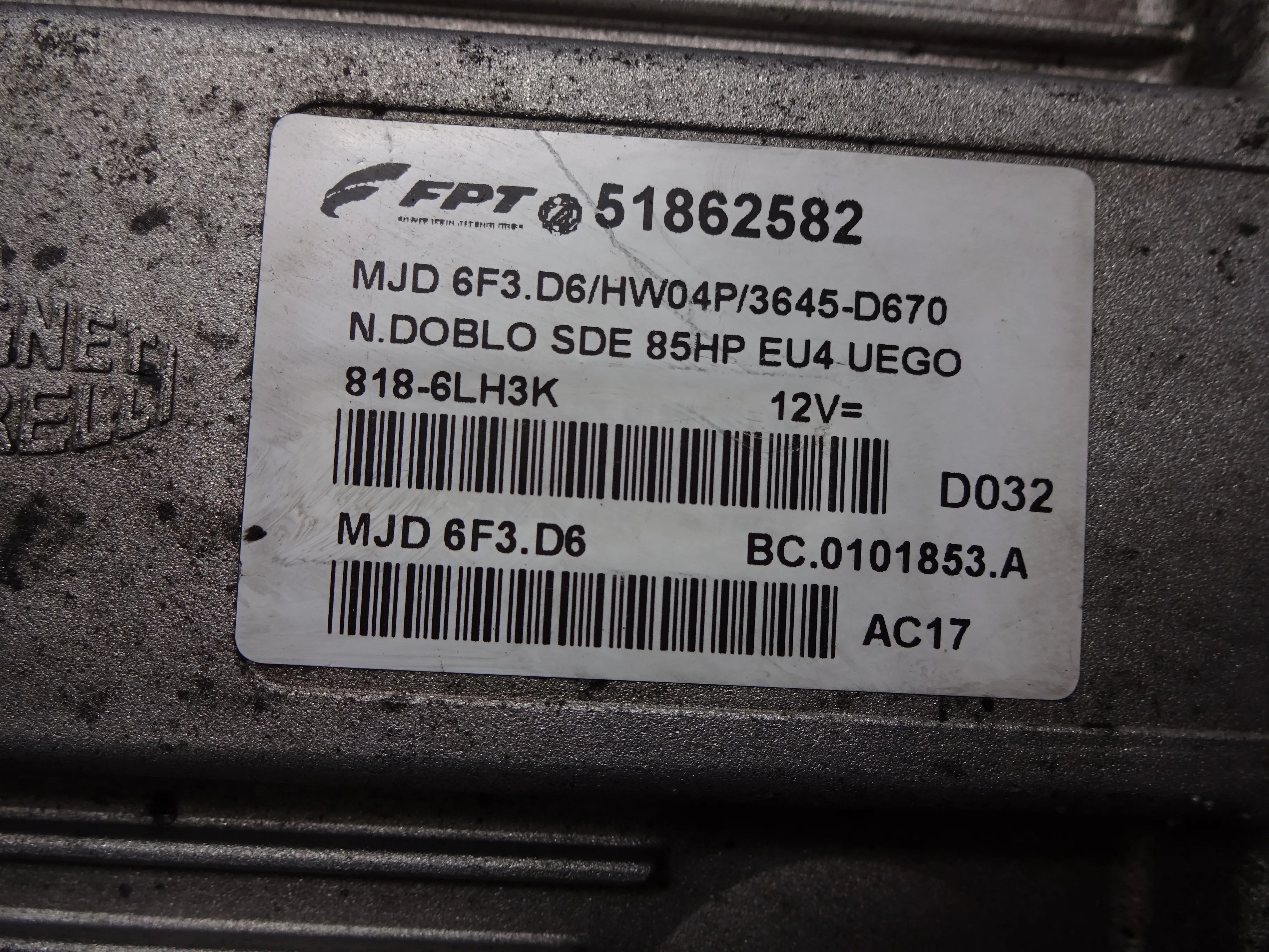 ECU FIAT PUNTO DOBLO 1.3 MJD 6F3.D6 HW04P 51862582 SDE 85HP EU4