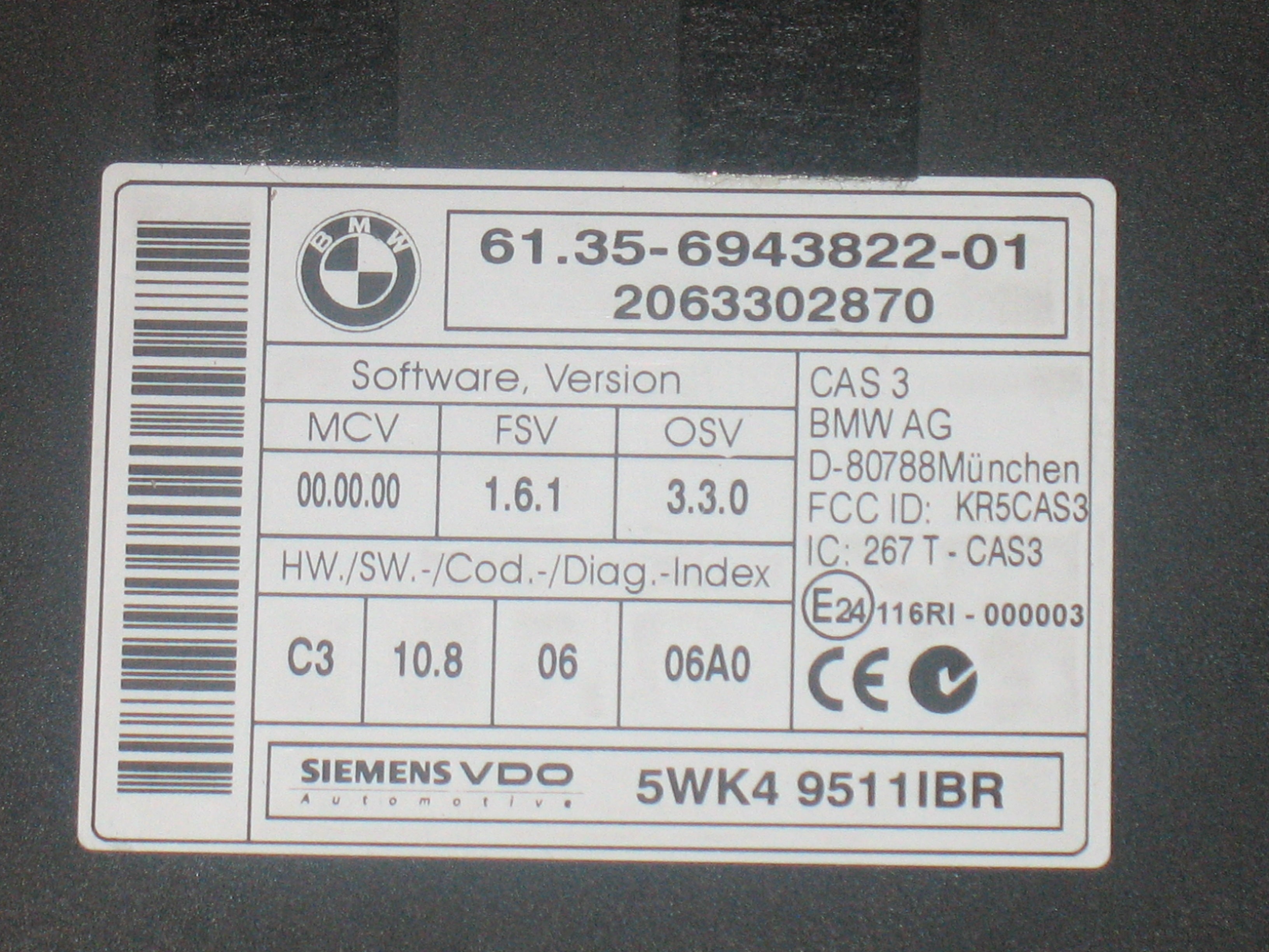 CENTRALINA CAS3 CAR Access Bmw Mini R56 COD. 61.35-9643822-01 SIEMENS 5WK4 9511IBR