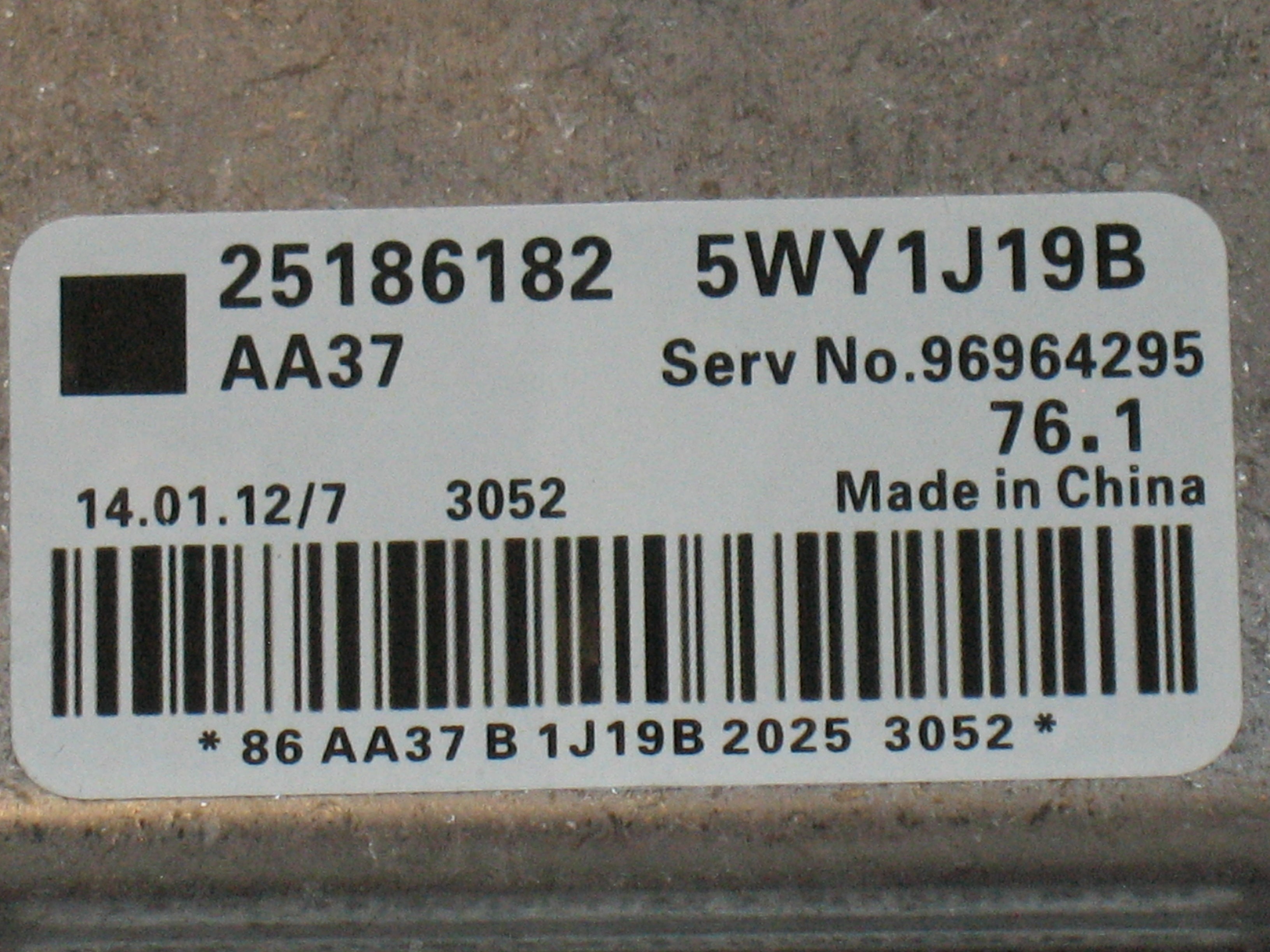ECU CHEVROLET CRUZE GM 25186182 5WY1J19B 96964295 AA37 76.1