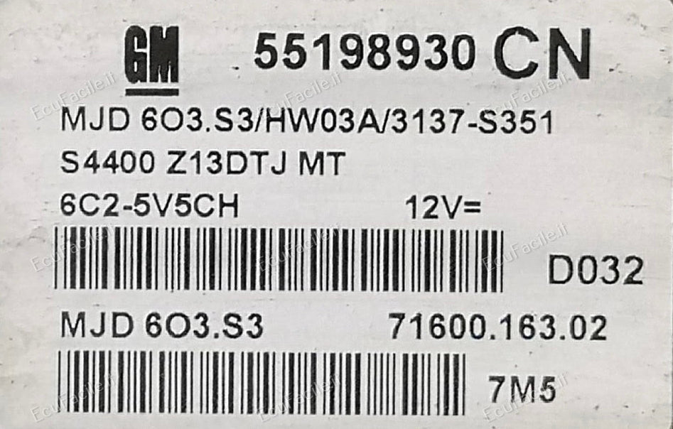 ECU CENTRALINA OPEL CORSA D 1.3 55198930 CN HW03A MJD603.S3 3137-S351
