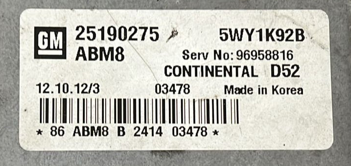 ECU CONTINENTAL CHEVROLET (DAEWOO) SPARK M300 1.0 B10D1 5WY1K92B D52 25190275 ABM8