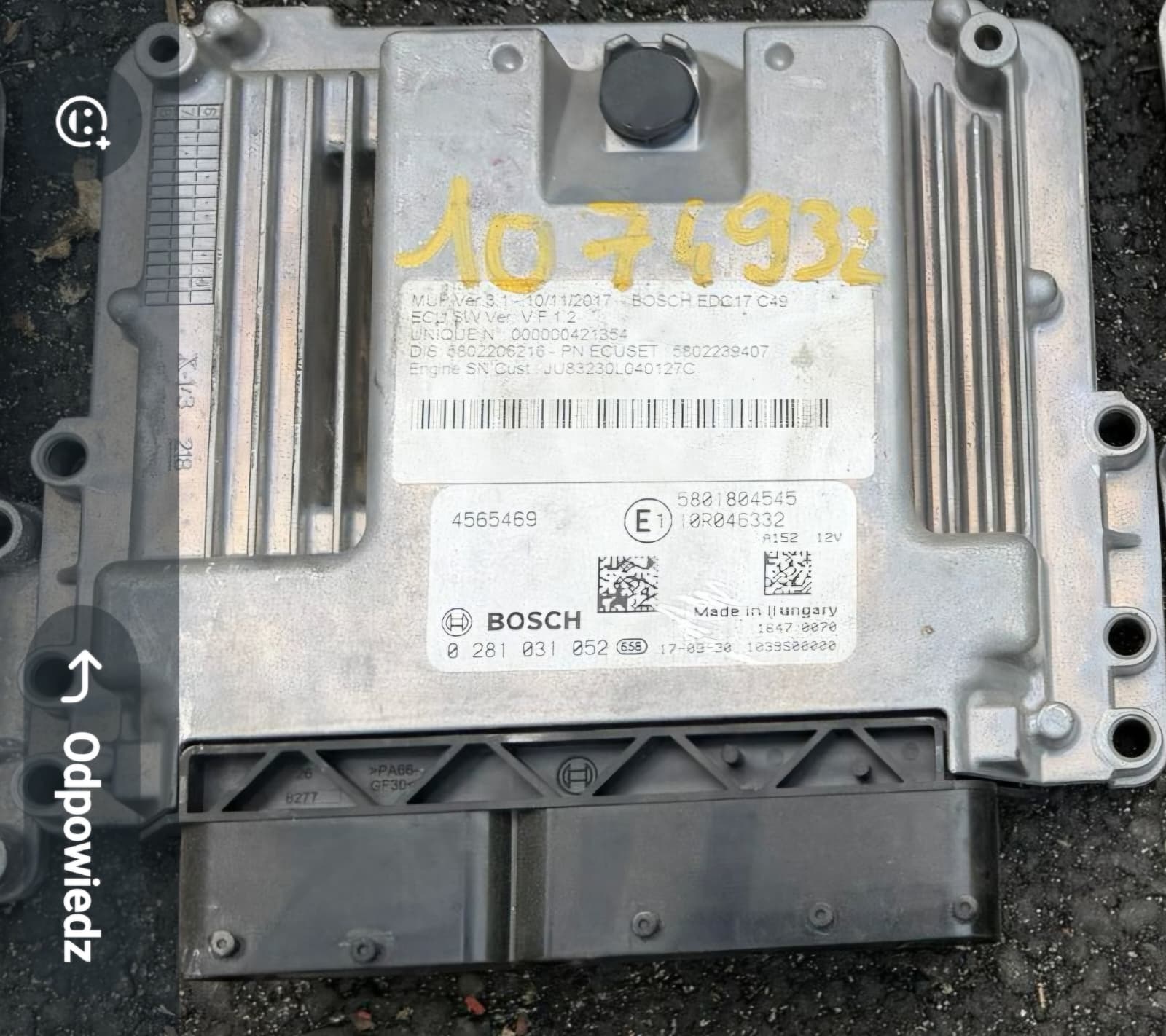 0281031052 EDC17C49-3.H2 5801804545 10R046332 4565469 CENTRALINA MOTORE ECU BOSCH PER IVECO DAILY VI EUROCARGO S-WAY CATERPILLAR