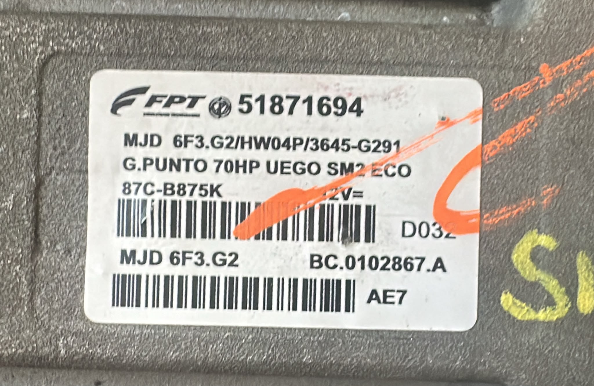 Ecu centralina fiat grande punto 1.3 jtd 51871694 mjd6f3.g2 hw04p bc.0102867.a