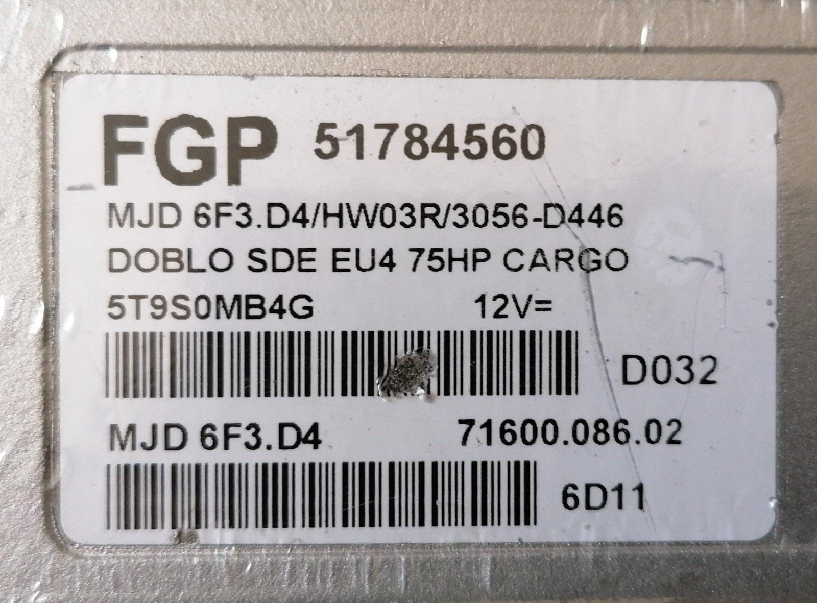 CENTRALINA ECU FIAT DOBLO 1.3 51784560 FGP MJD 6F3.D4 MJD6F3D4 HW03R