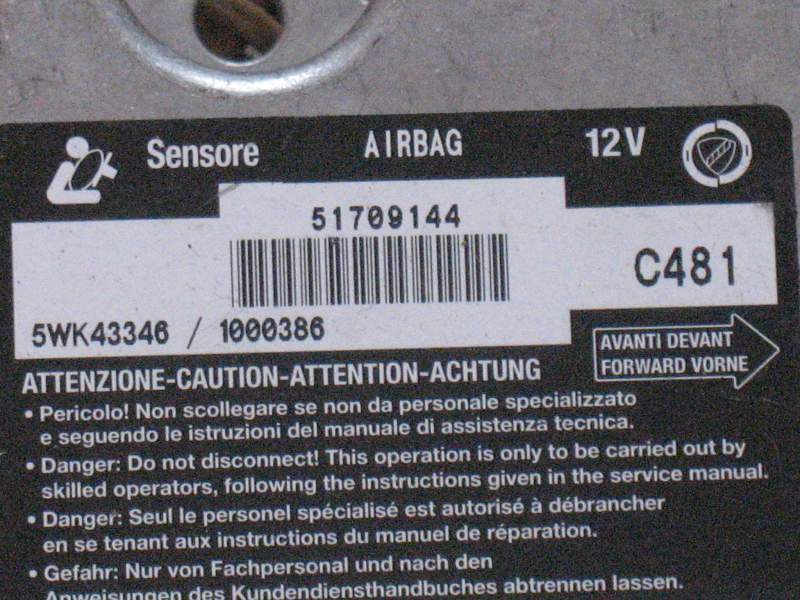 Fiat Stilo 192 BJ05 Airbag SG ECU Centralina 51709144 5WK43346