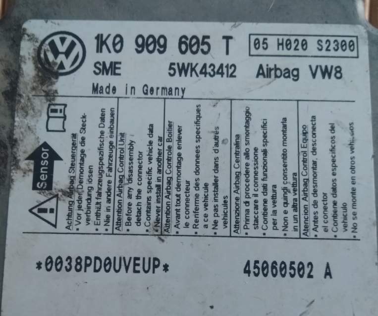 VW JETTA GOLF 5 AIRBAG 1K0909605T 5WK43412 VW8 45060502A