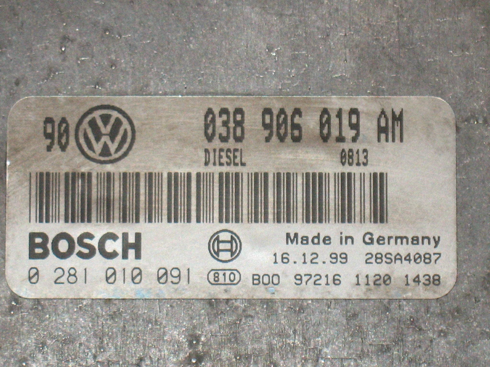 ECU VW GOLF 1.9 TDI 038906019 AM 0281010091 EDC15P EDC 15P-6.3.2