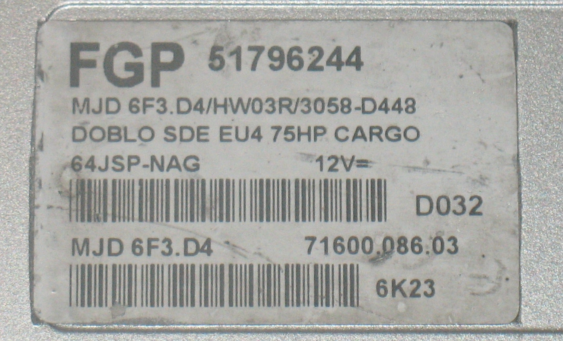 ECU FIAT DOBLO 1.3 51796244 MJD 6F3.D4 HW03R EU4 75HP