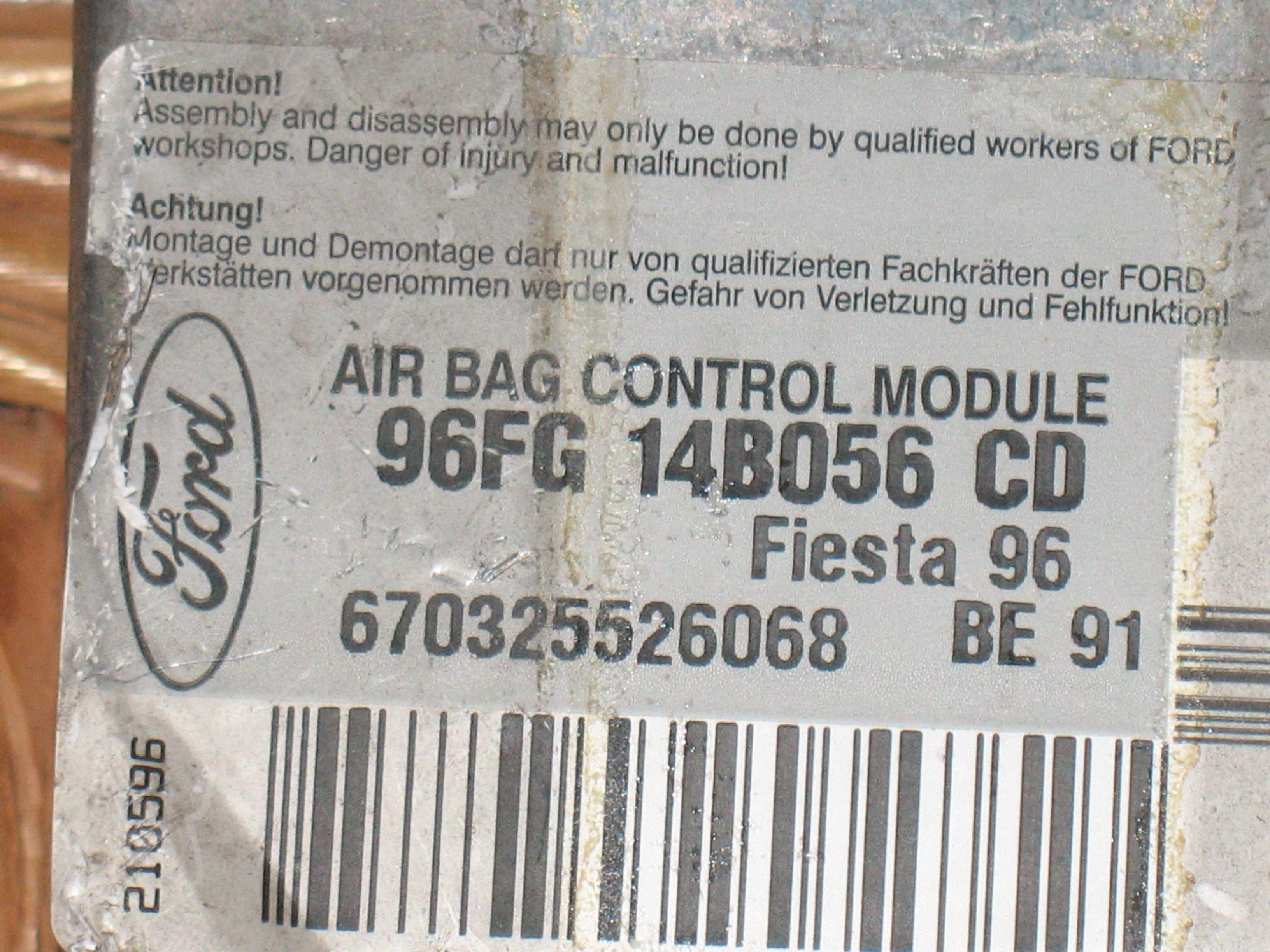 FORD FIESTA CENTRALINA AIRBAG cod. 96FG 14B056 CD 1.4 B 66KW 5M 3P (1996)