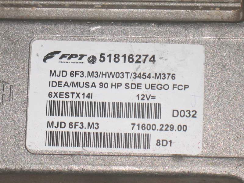 Fiat Idea 1.3 Multijet 51816274 mjd 6f3m3 Hw03t 3454-M376 Ecu