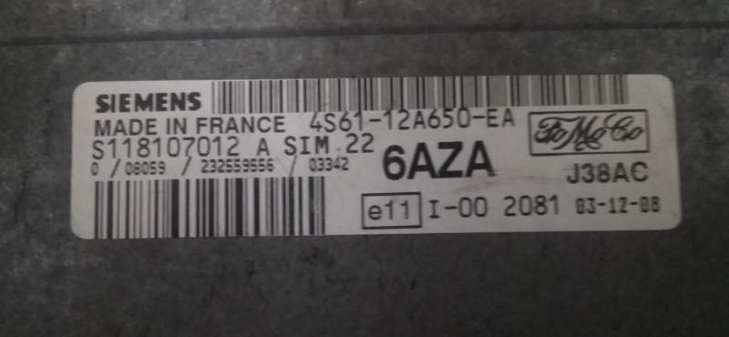 ECU FORD MAZDA 2 S118107012A SIM22 6AZA 4S6112A650EA