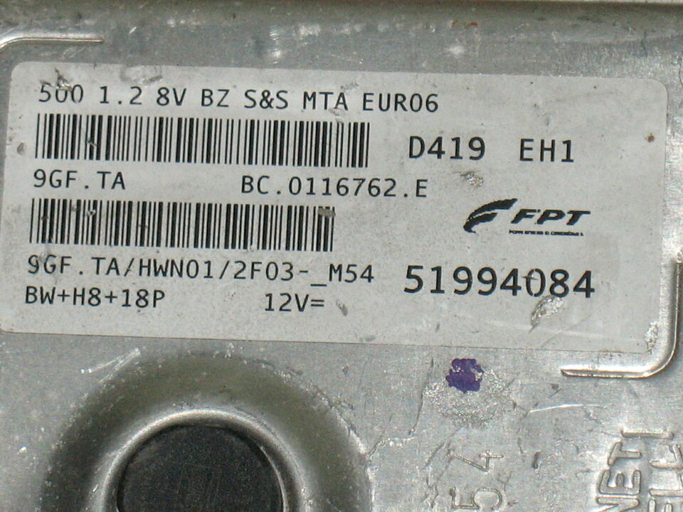 ECU FIAT 500 1.2 8v BZ S&S MTA 9GF.TA 51994084 HWN01 FPT