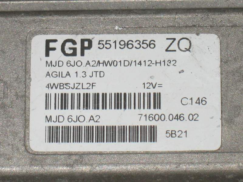 Ecu opel agila 1.3 jtd mjd 6jo.a2 fgp 55196356zq HW01D