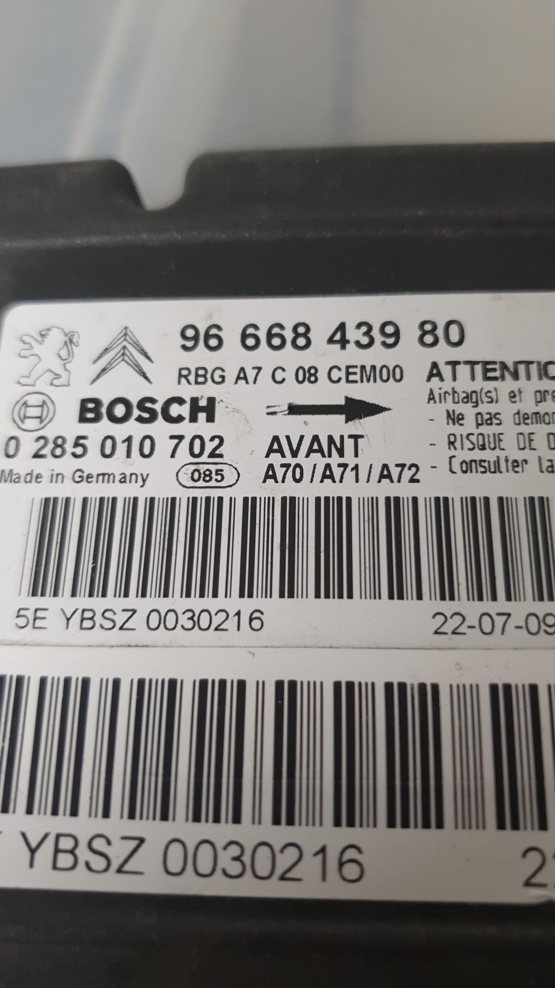 Centralina Airbag BOSCH 0285010702 PEUGEOT 207 1.4 8V 9666843980