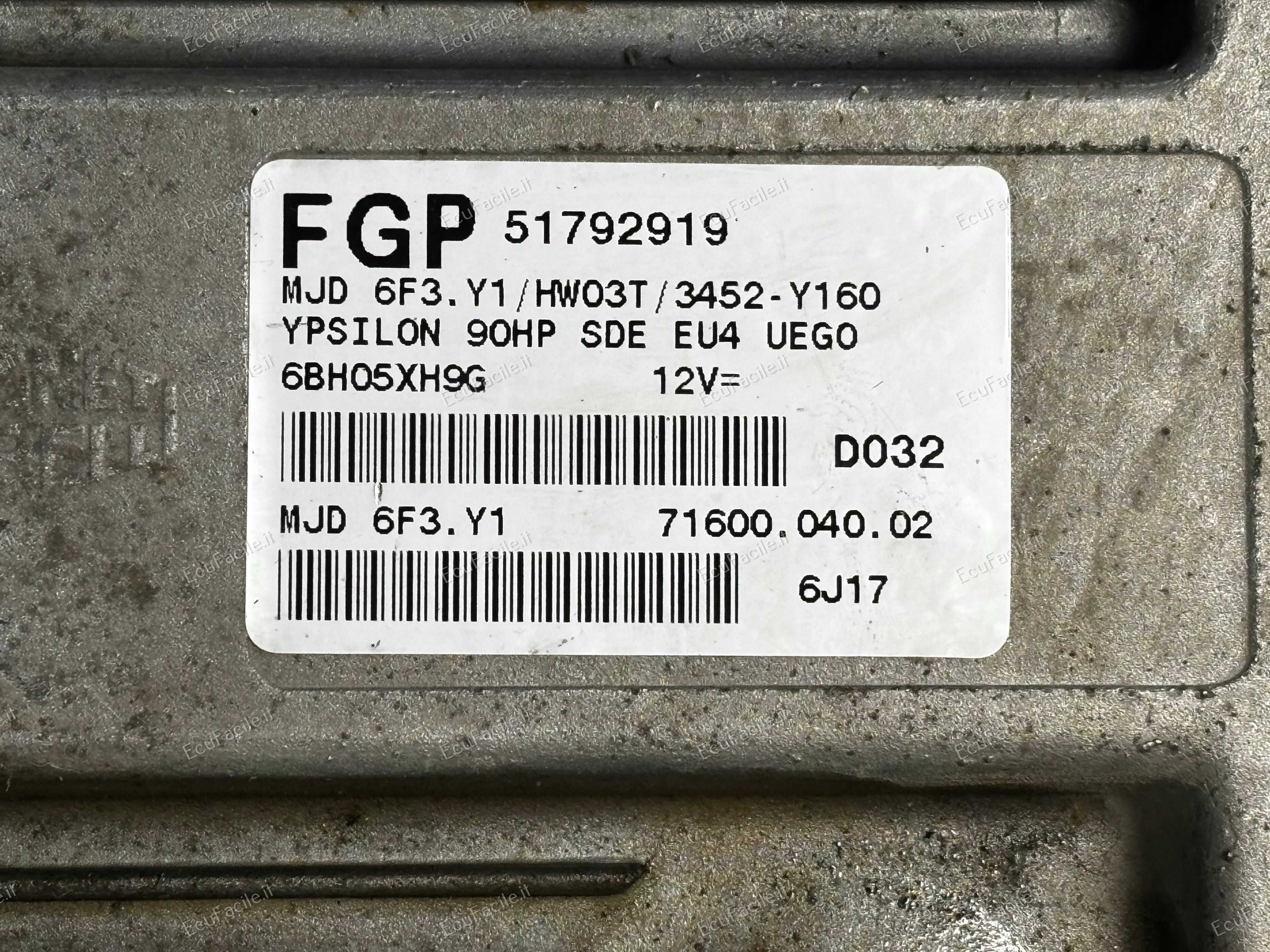 ECU LANCIA Y 1.3 MJD DIESEL 51792919 6F3.Y1 HW03T 3452-Y160