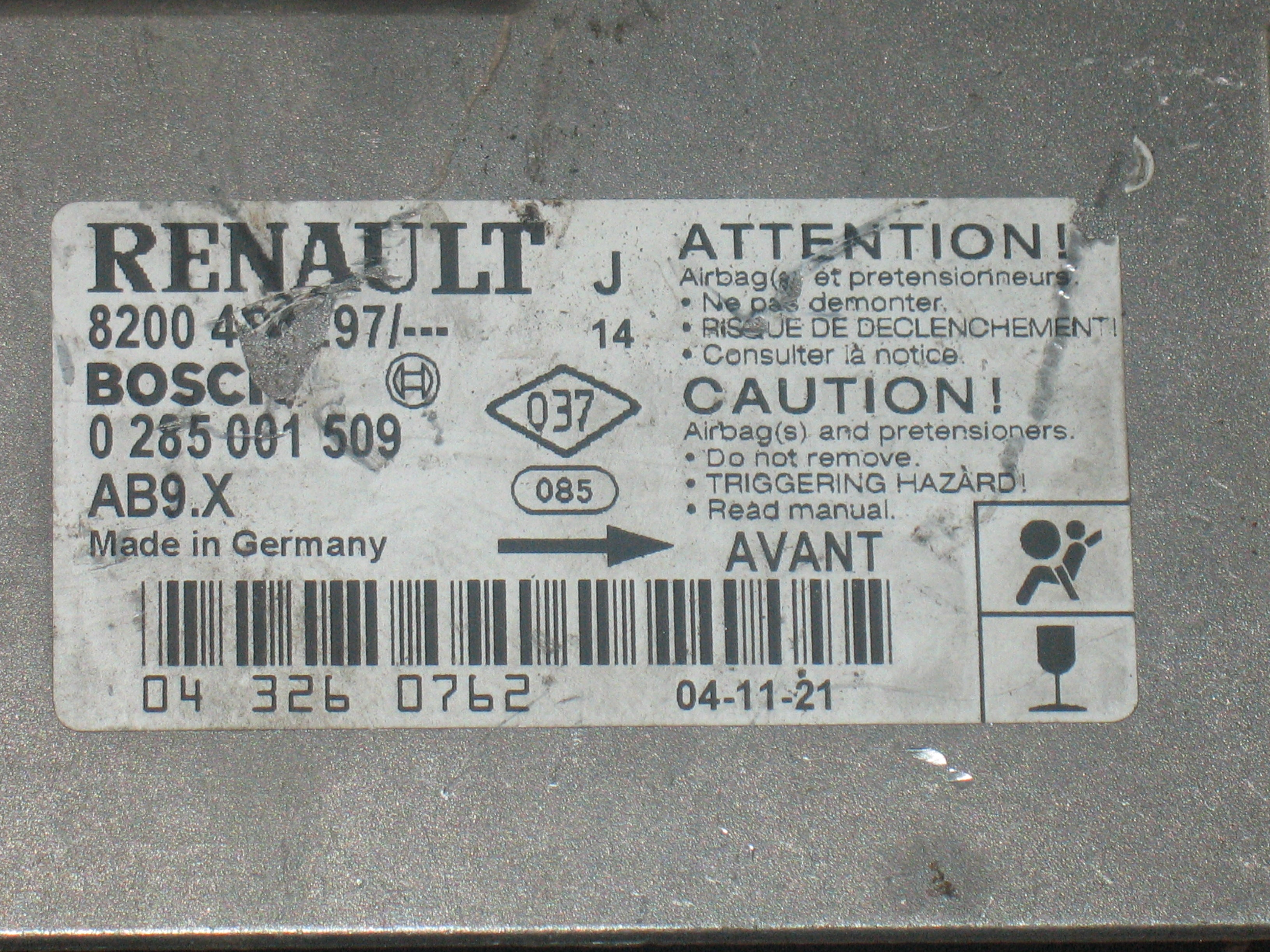 AIRBAG BOSCH 0285001509 RENAULT MODUS 8200463297 AB9.X 8200533970