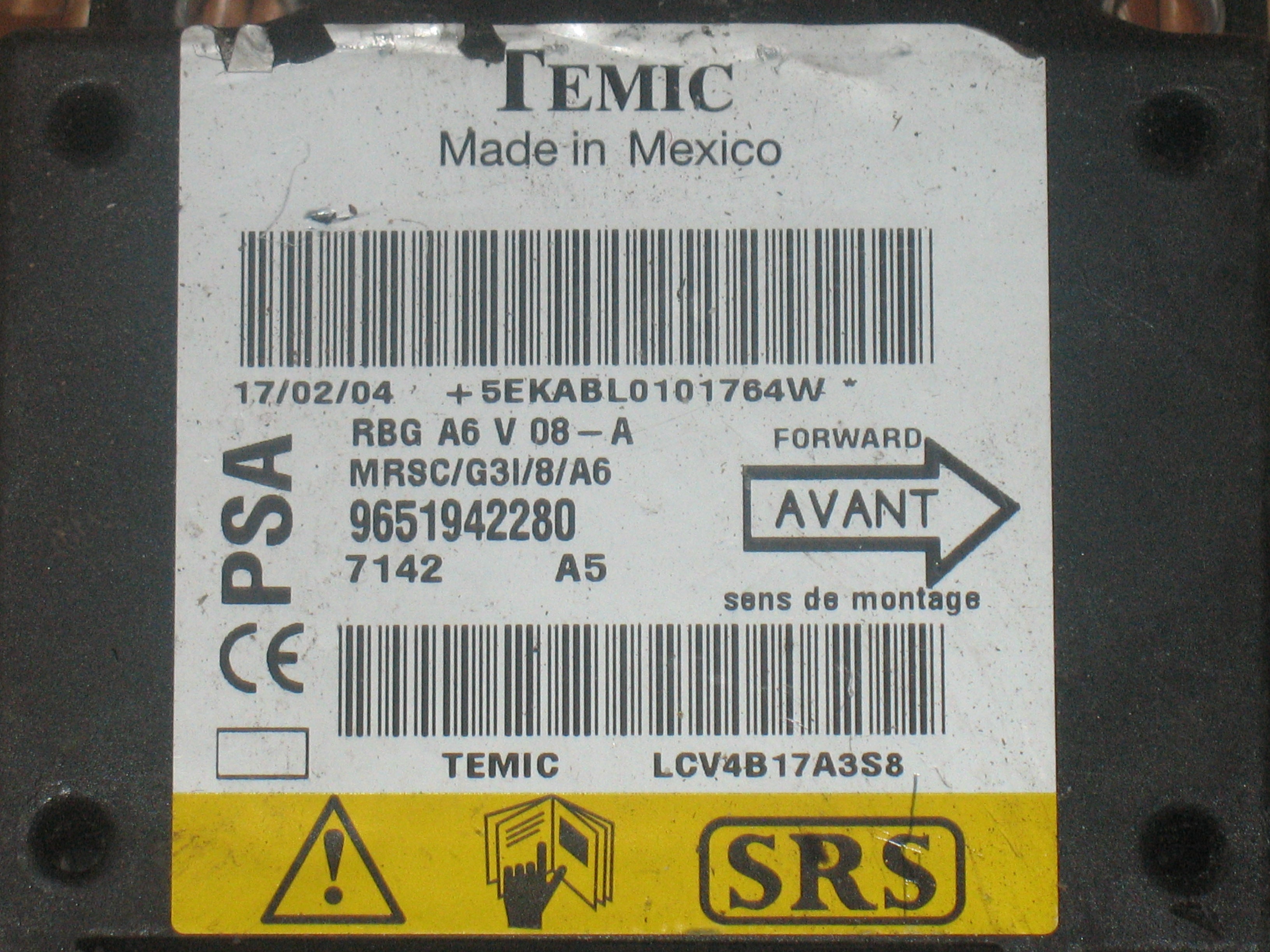Centralina Airbag Temic 9651942280 RBG A6 V08-A RBGA6V08A 7142 A5 CITROEN PEUGEOT C 2. 30/126