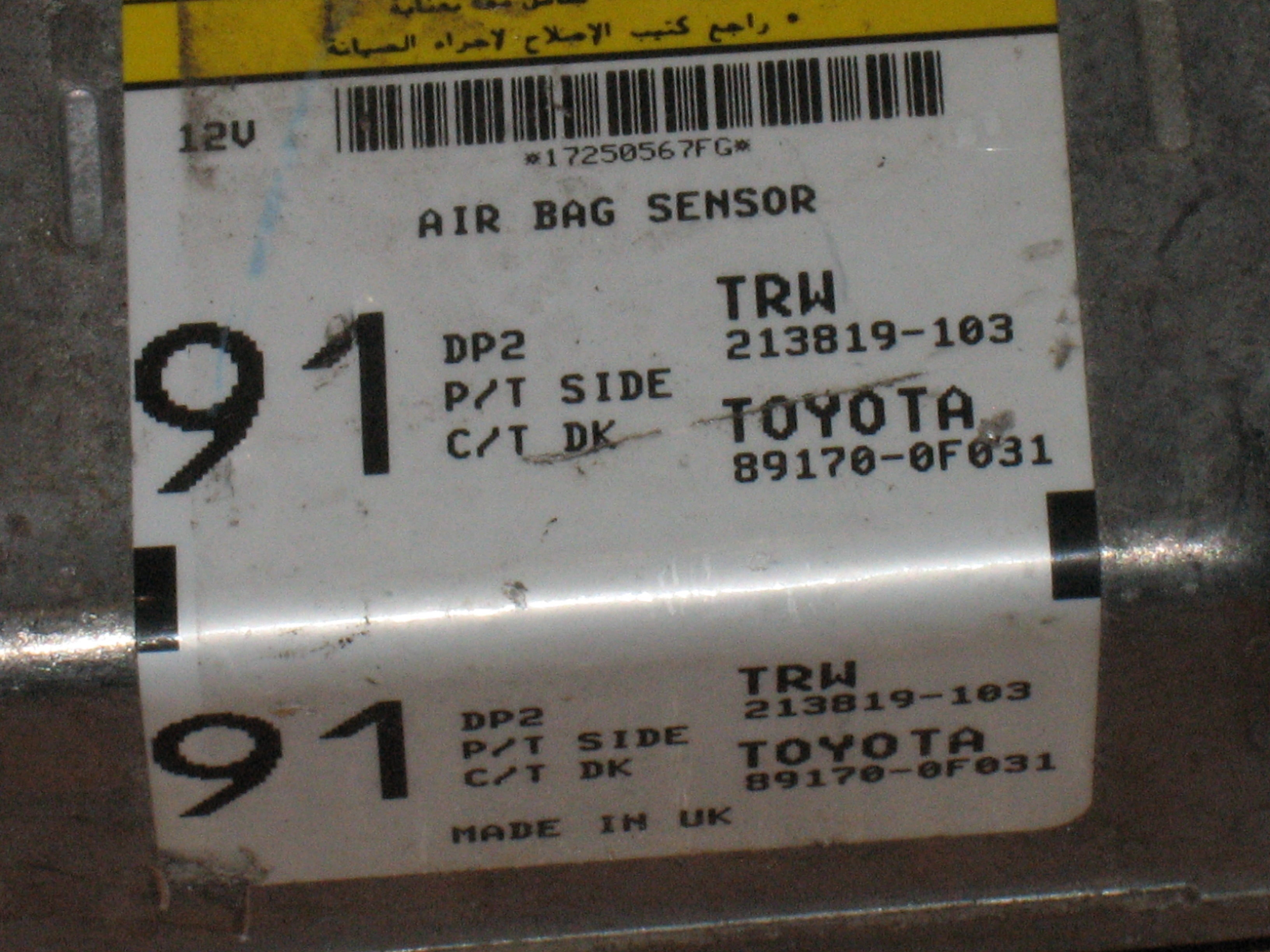 AIRBAG 89170 0F031 Toyota Corolla Verso 213819 103 Srs Airbag Sensore Crash 363853019134