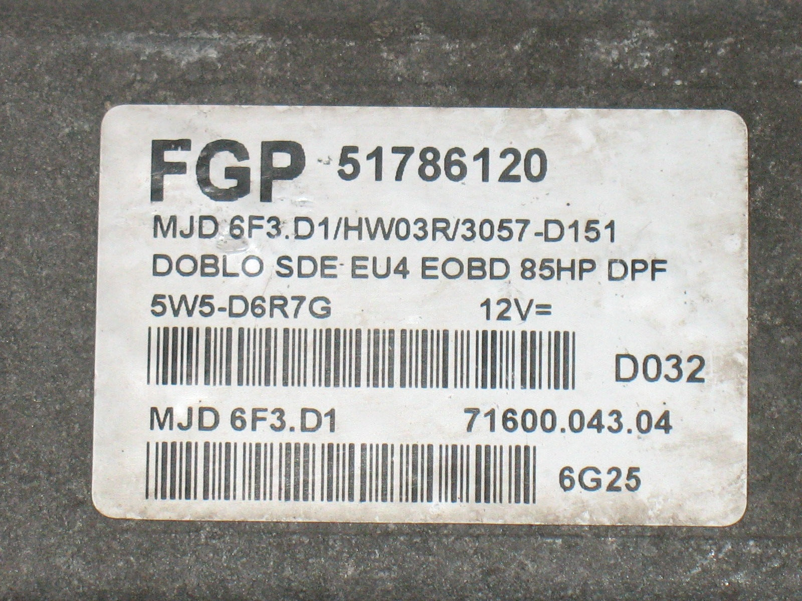ECU 51786120 CENTRALINA FIAT DOBLO MJD 6F3.D1 MJD6F3D1 1.3 62KW 5P D 5M (2006)