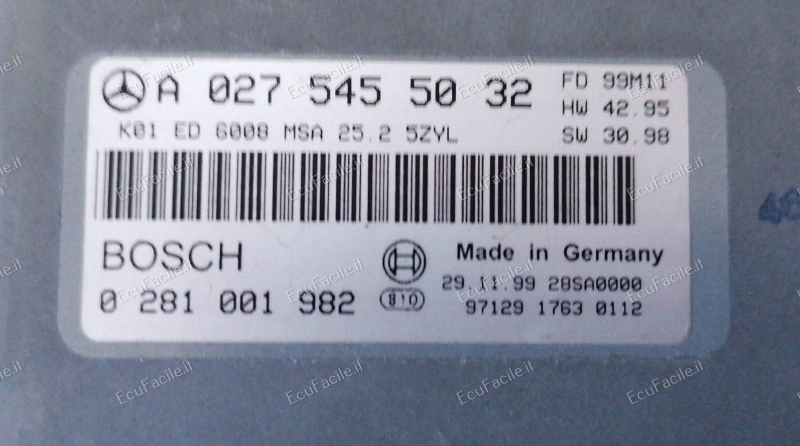 ECU MERCEDES SPRINTER 2.9 TD A0275455032 0281001982 hw42.95 EDC 1.4