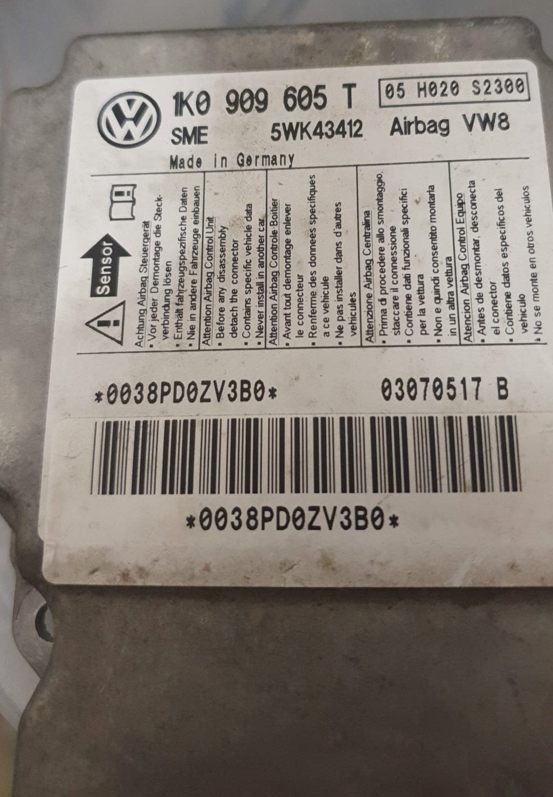 VW JETTA GOLF 5 AIRBAG 1K0909605T 5WK43412 VW8 45060502A