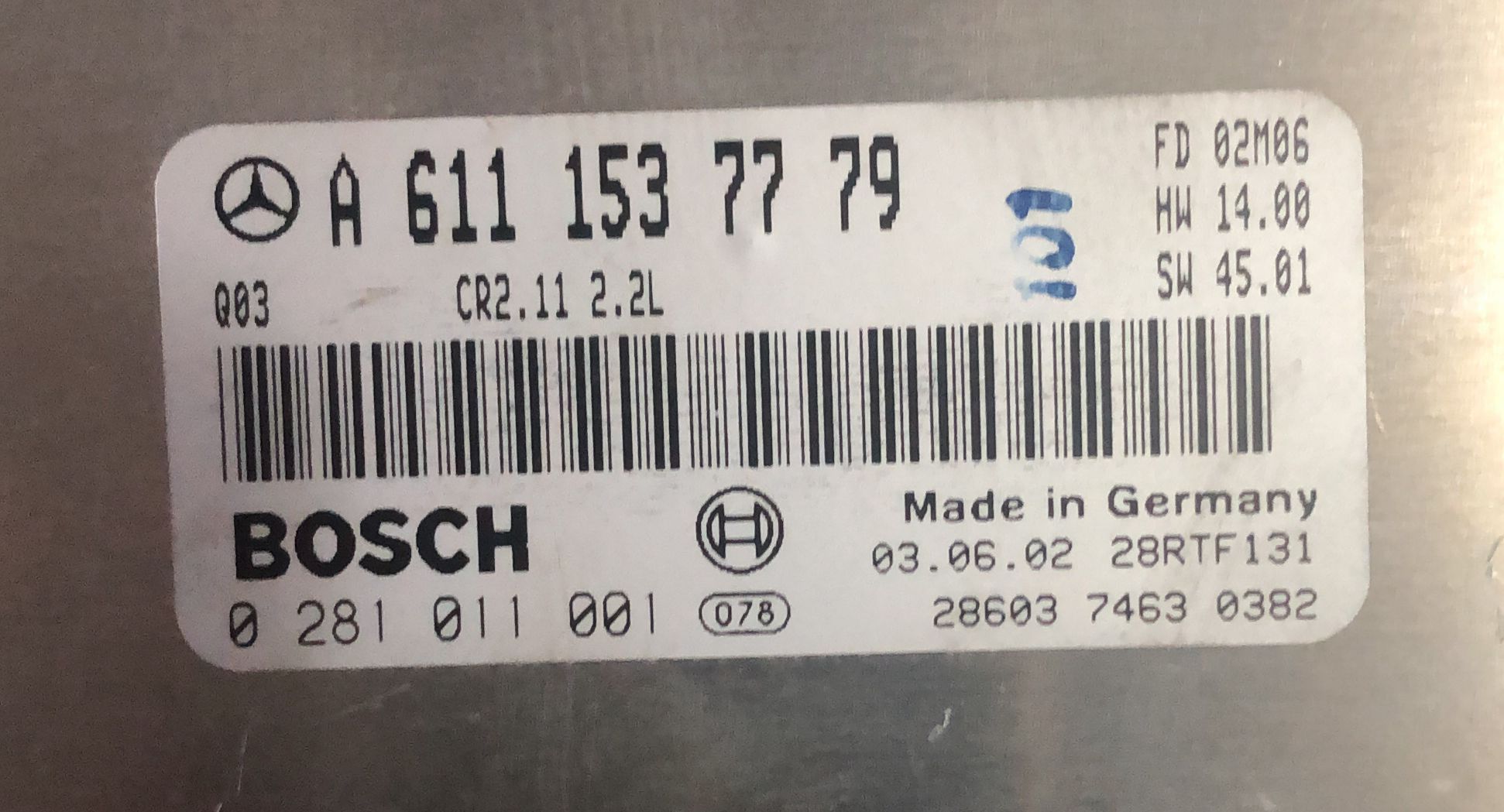 KIT ACCENSIONE ECU MERCEDES W203 C 2.2 CDI 0281011001 A6111537779 HW 14