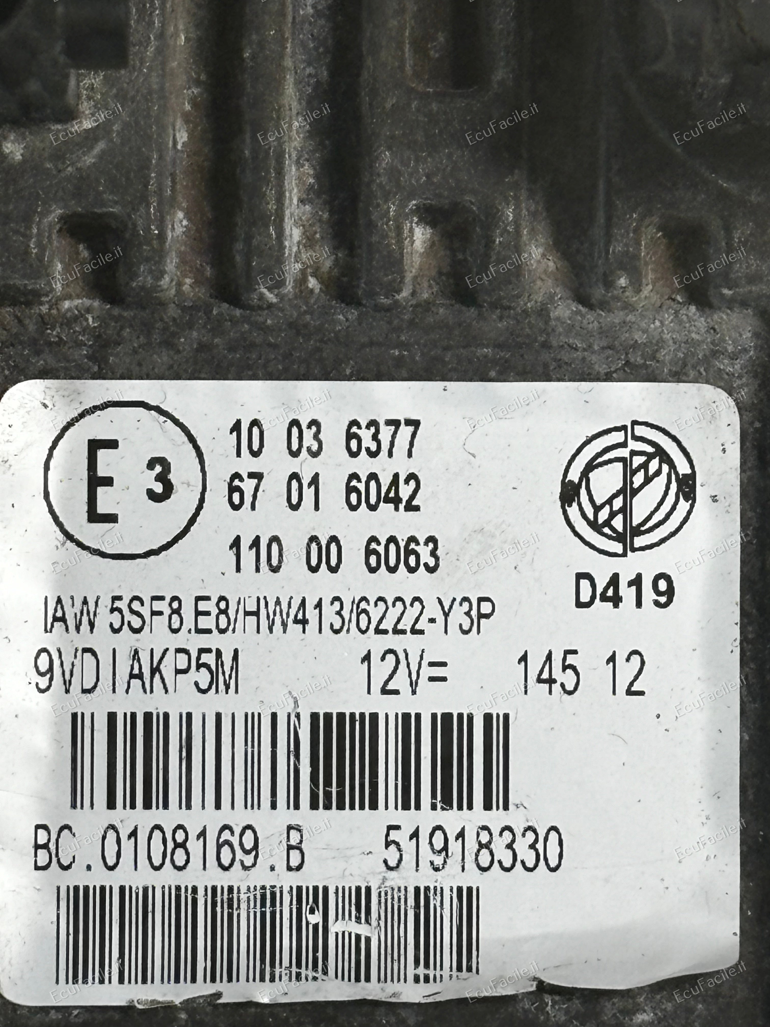 Ecu centralina lancia ypsilon gpl 1.2 iaw 5sf.e8 51918330 hw413