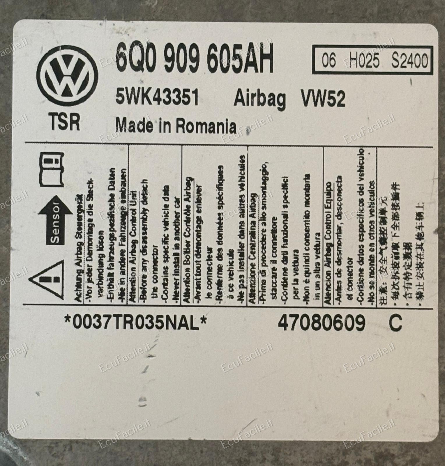 ECU AIRBAG VW CADDY 2008 6Q0909605AH 5WK43351