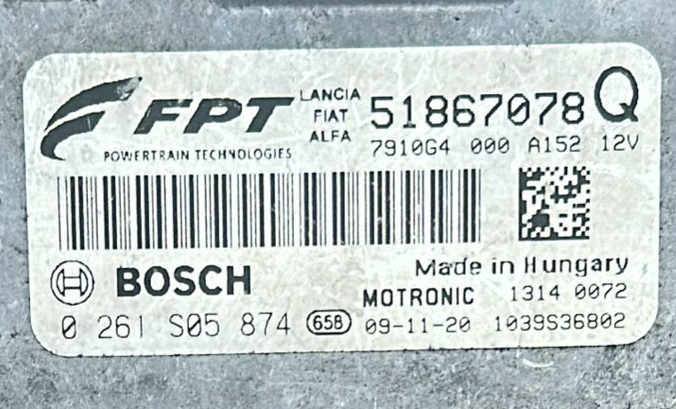 0261S05874 ME7.9.10 51867078 CENTRALINA ECU BOSCH PER LANCIA DELTA III 844 MODELLO 2008-2014 MOTORE 1.4 BI-FUEL 88KW 120CV