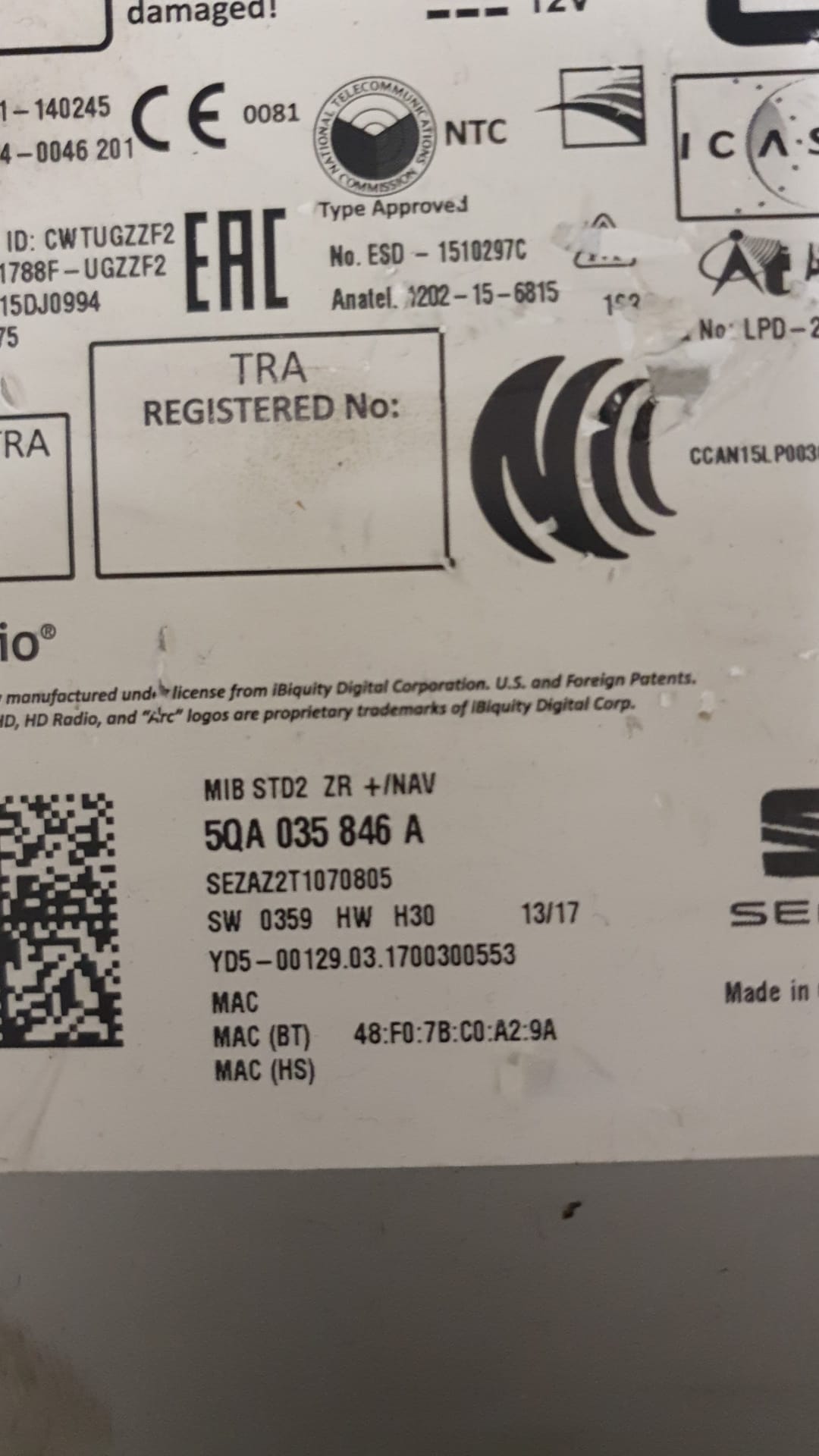 Autoradio. SEAT LEON ST (5F8) 2.0 TDI. 5QA035846A