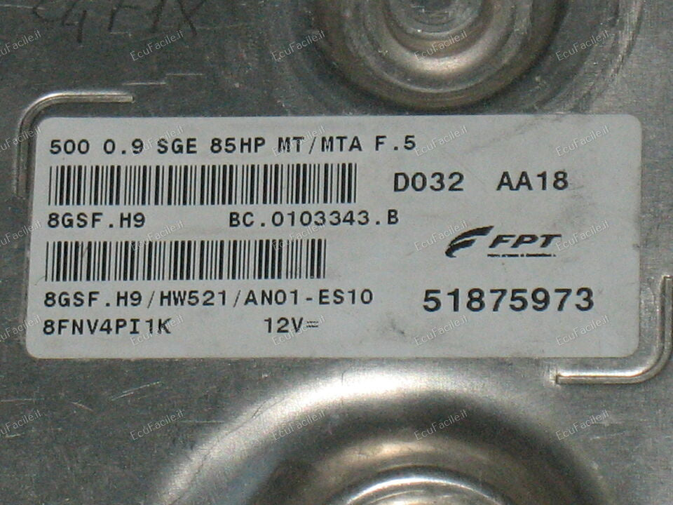 ECU FIAT 500 0,9 TWINAIR T FPT 51875973 51896777 8GSF 8GSF.H9 HW521 85HP