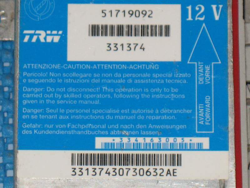 ECU AIRBAG 51719092 TRW 331374 FIAT PUNTO (188) 1999