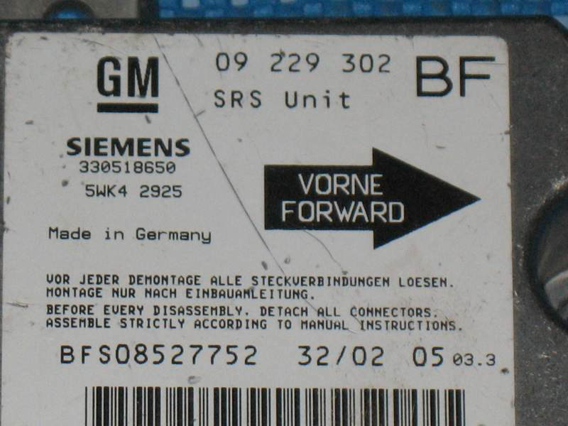 ECU AIRBAG OPEL ASTRA 5WK42925 09229302 SRS UNIT BFS08527752