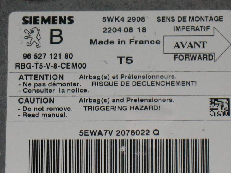 ECU Airbag Crash Sensor PEUGEOT 307 5WK42908 22040818 9652712180