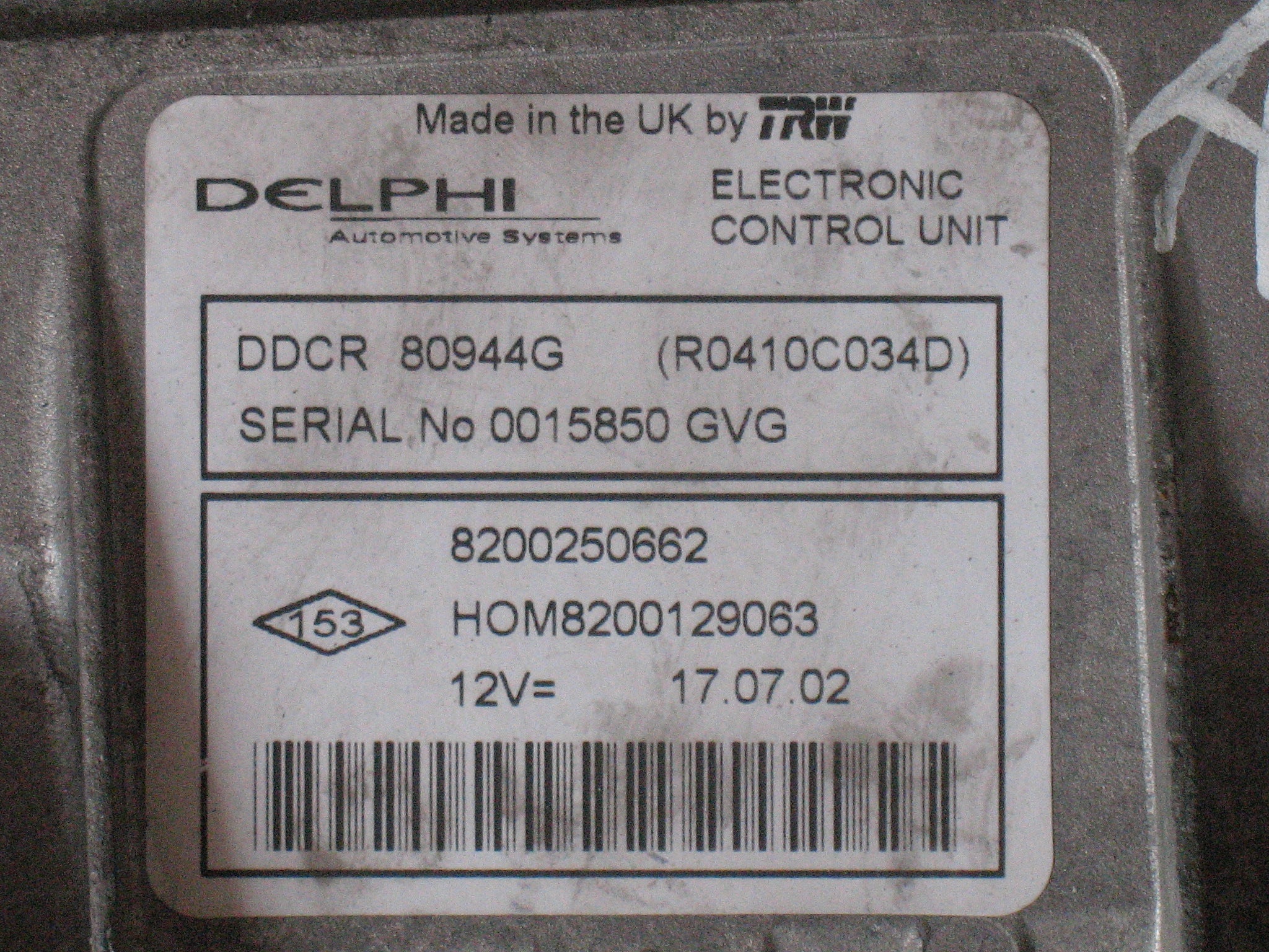 Ecu RENAULT CLIO 1.5 DCI DELPHI 8200250662 HOM 8200129063