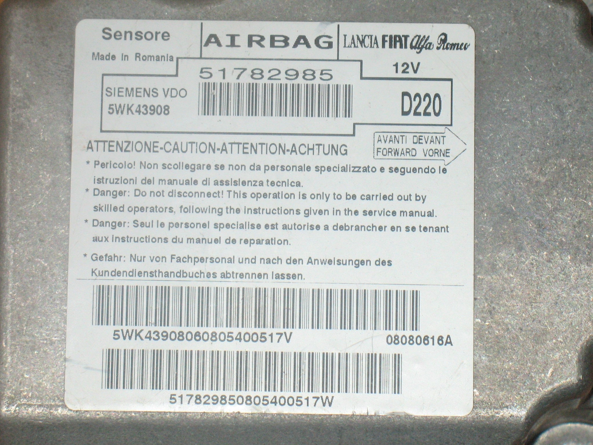Centralina AIRBAG Fiat 500 51782985 5WK43908