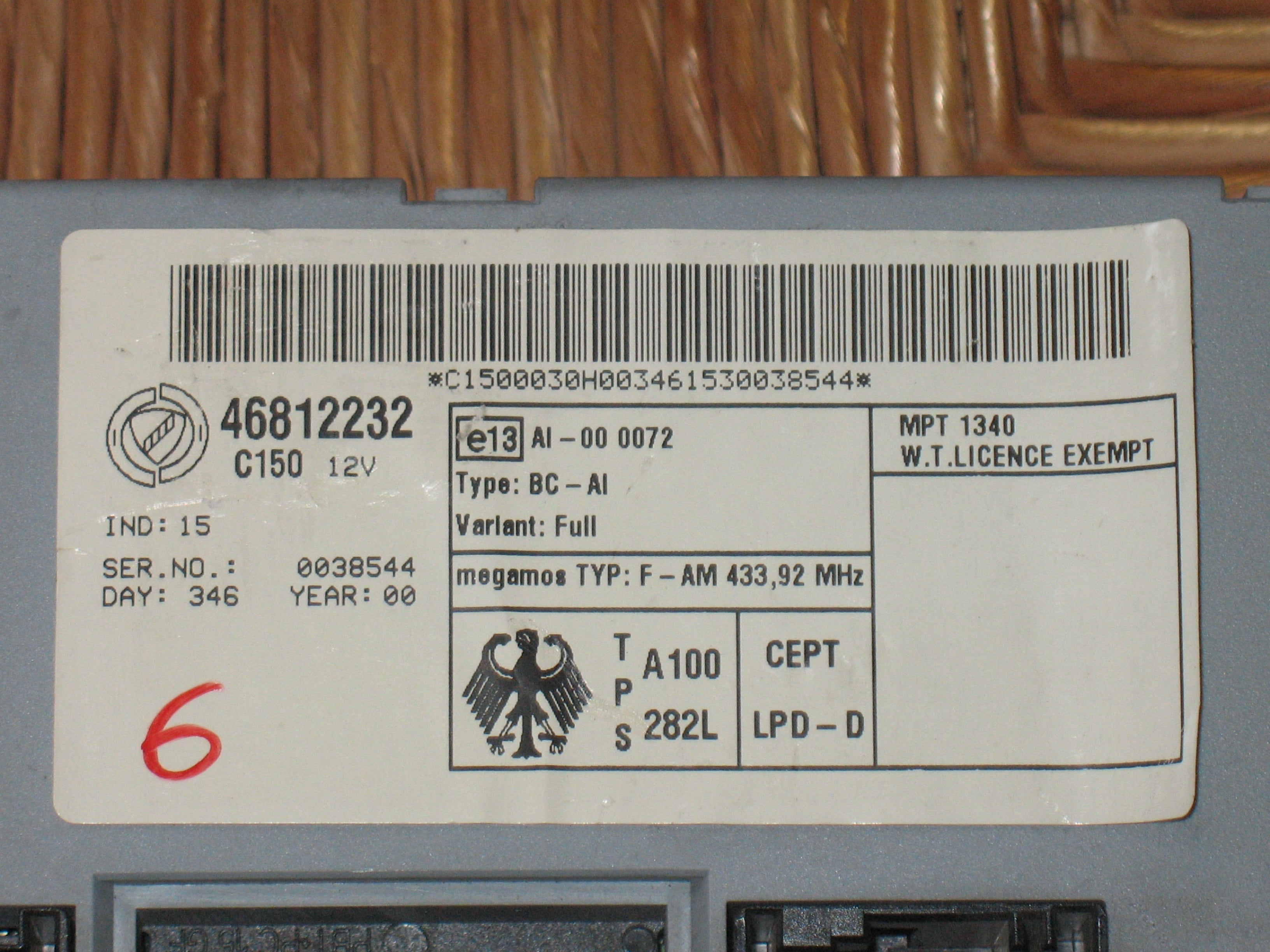 Ecu body computer fiat punto doblo 46812232 ser.no.0038544