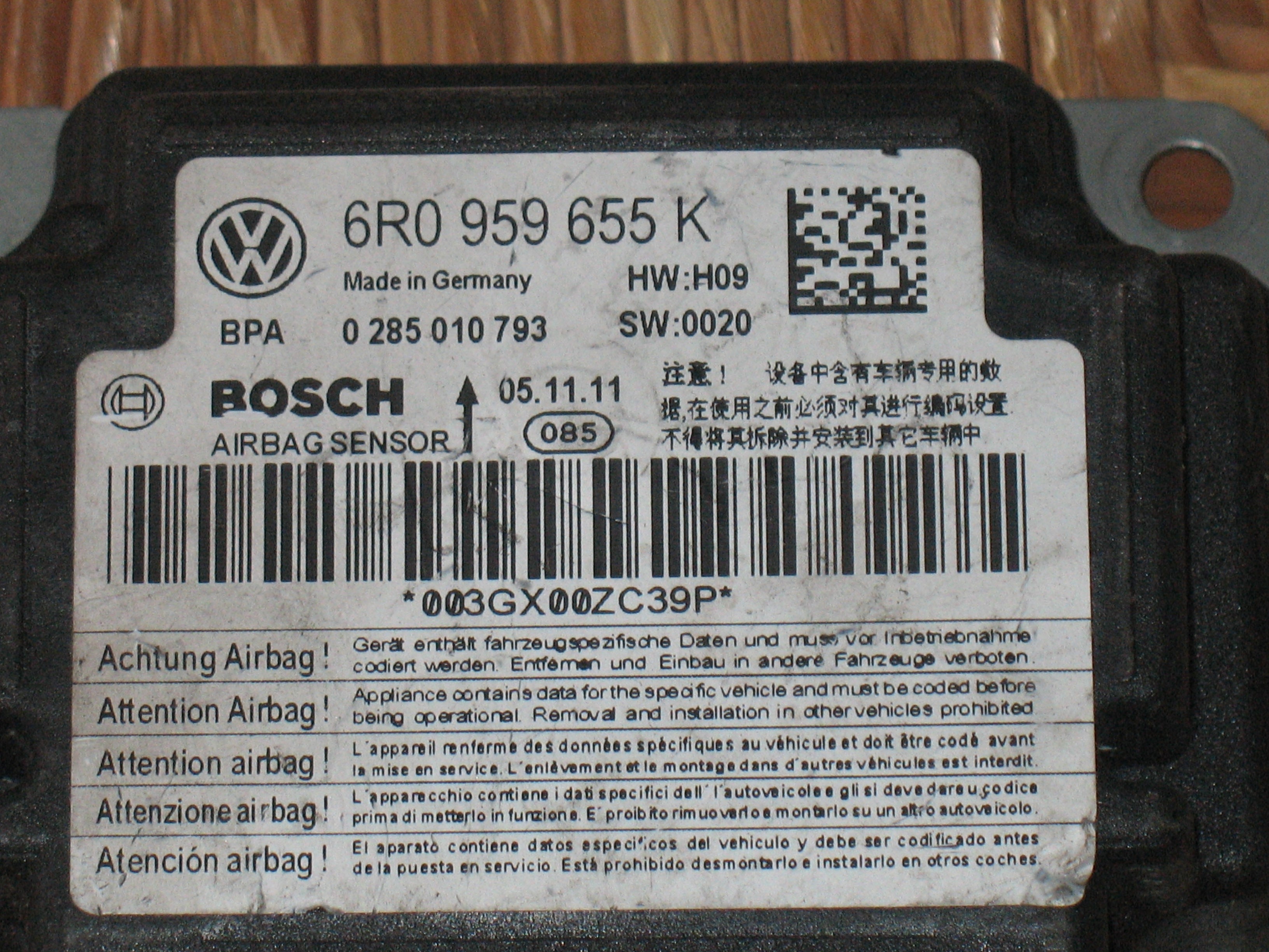 6R0959655K 0285010793 CENTRALINA AIRBAG VOLKSWAGEN Polo 5° Serie 1 benzina