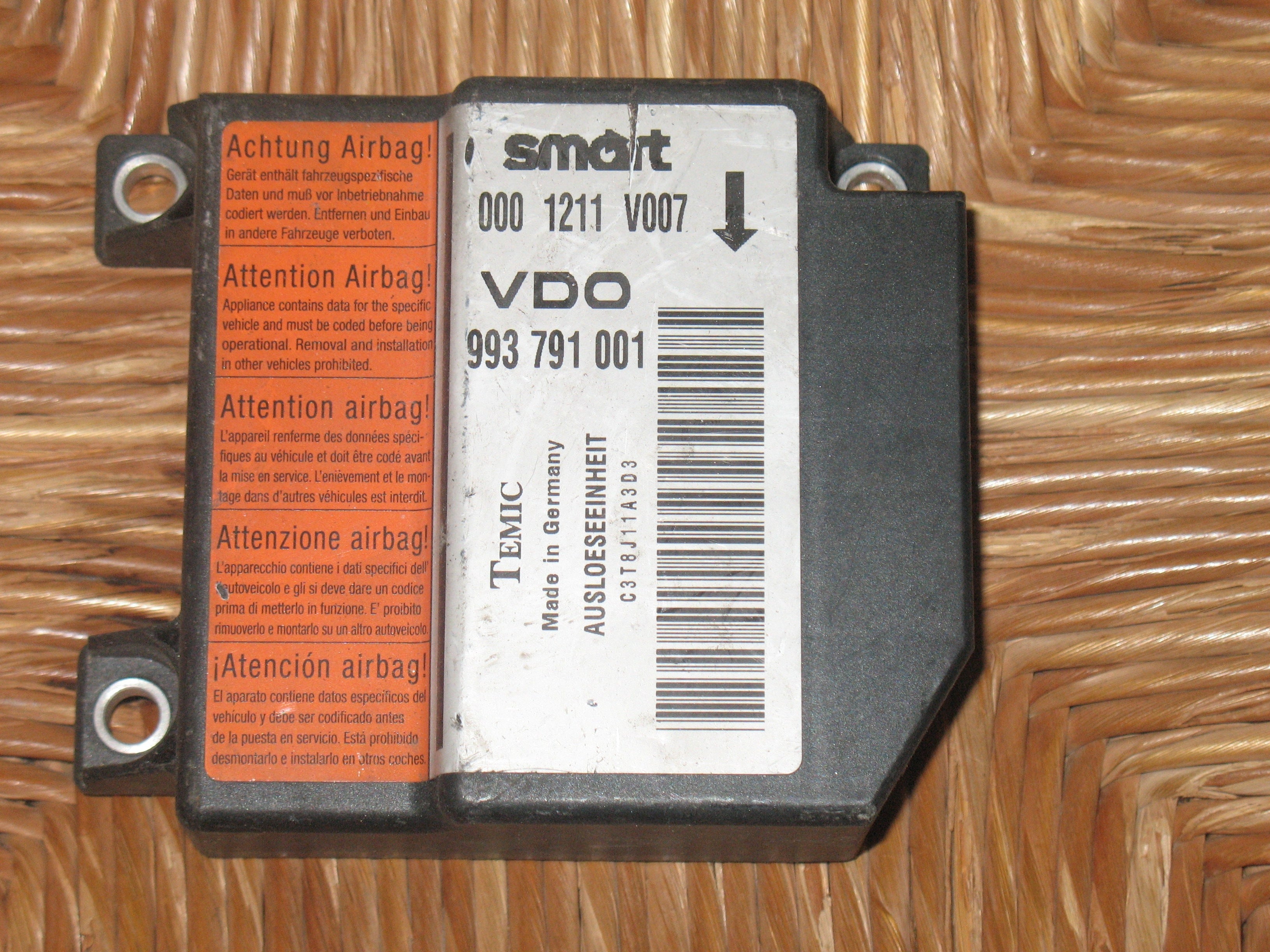 993791001 CENTRALINA AIRBAG SMART ForTwo Coupé 1° Serie 600 Benzina