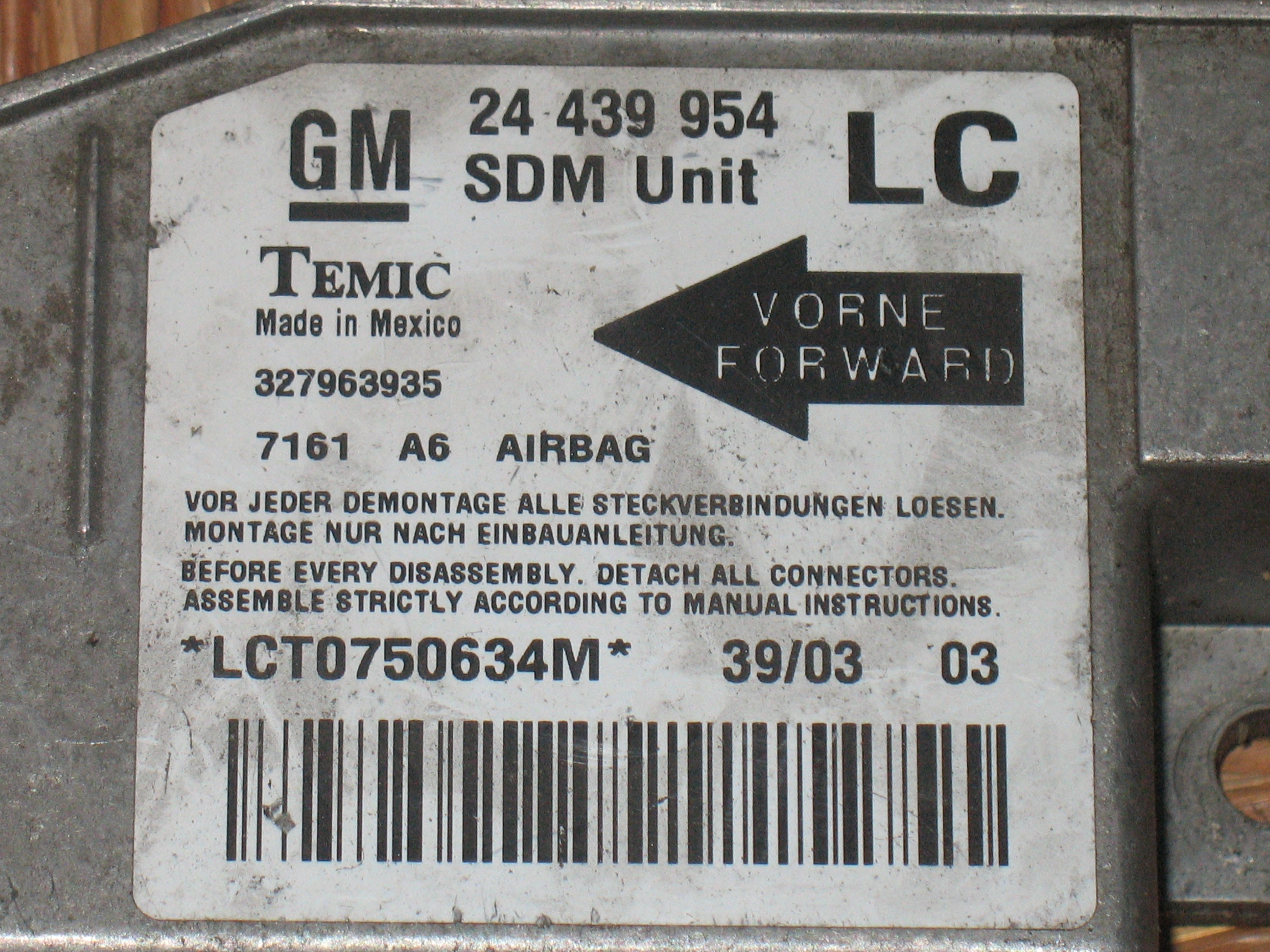 OPEL CORSA 1.3 CDTI 16V 5 PORTE 51KW CENTRALINA SENSORE AIRBAG 24439954 SDM UNIT LCT1029018I