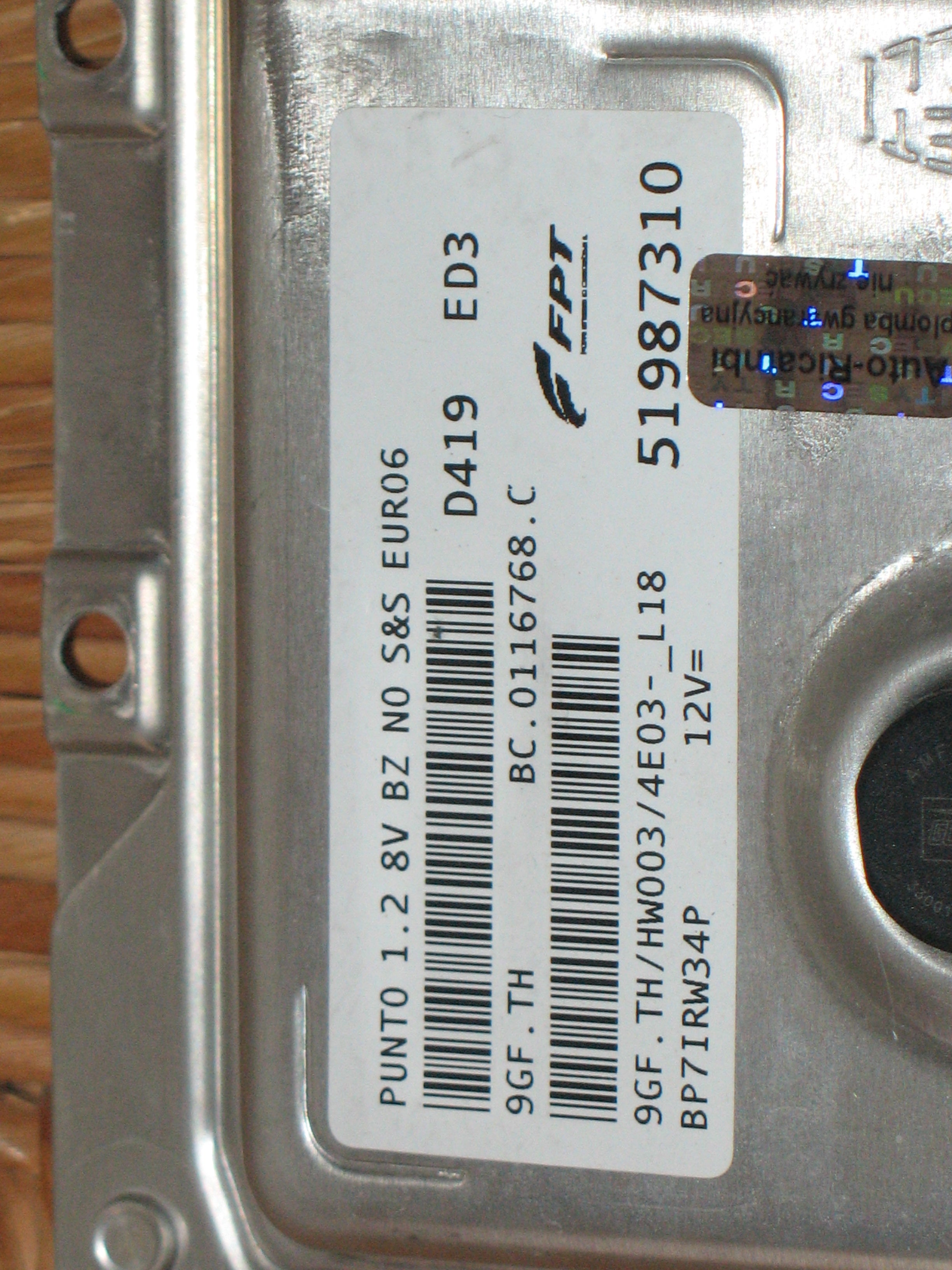 CENTRALINA MOTORE ECU FPT MARELLI FIAT PUNTO 1.2 8V EURO6 CODE: 51987310  9GF.TH. HW003. 4E03-L18 BC.0116768.C BC0116768C