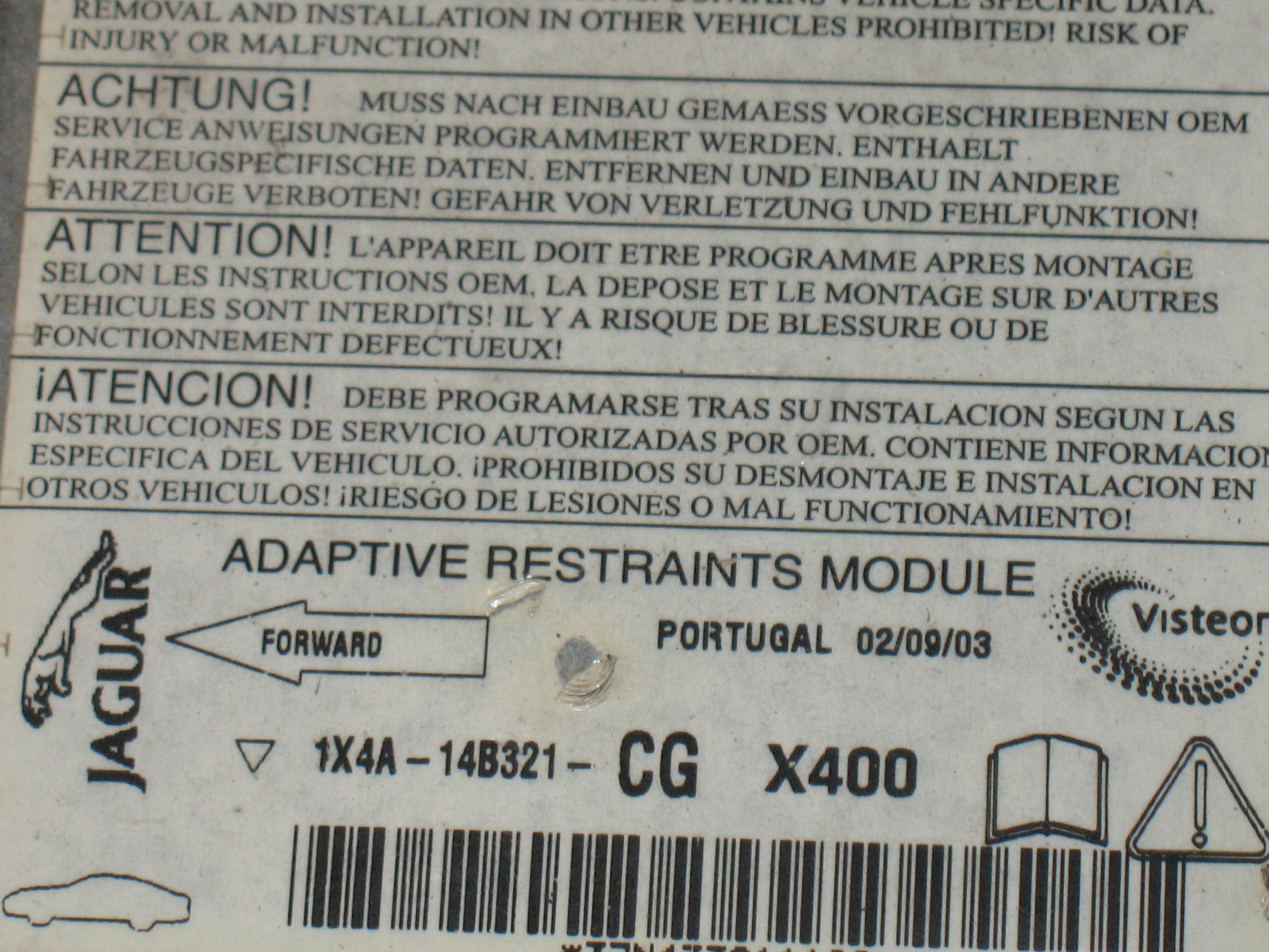 Jaguar X-Type X400 2001 - 2006 Airbag Control Module Sensor Ecu 1X4A-14B321-Cg