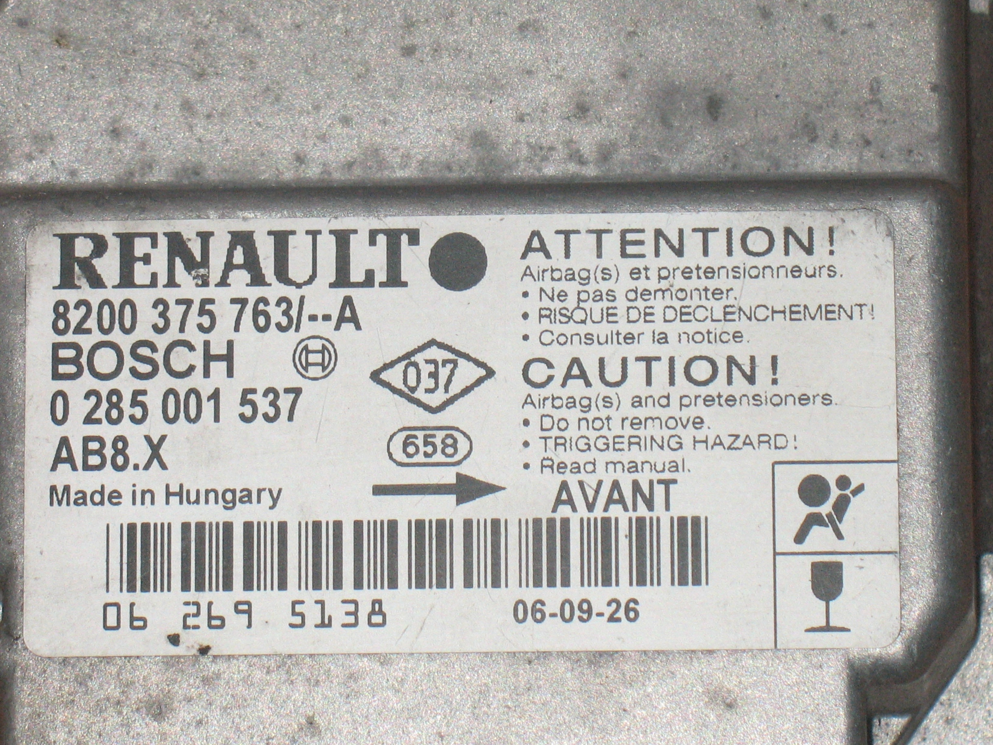 Centralina Airbag Renault Clio II BOSCH 0285001537 8200375763 AB8X