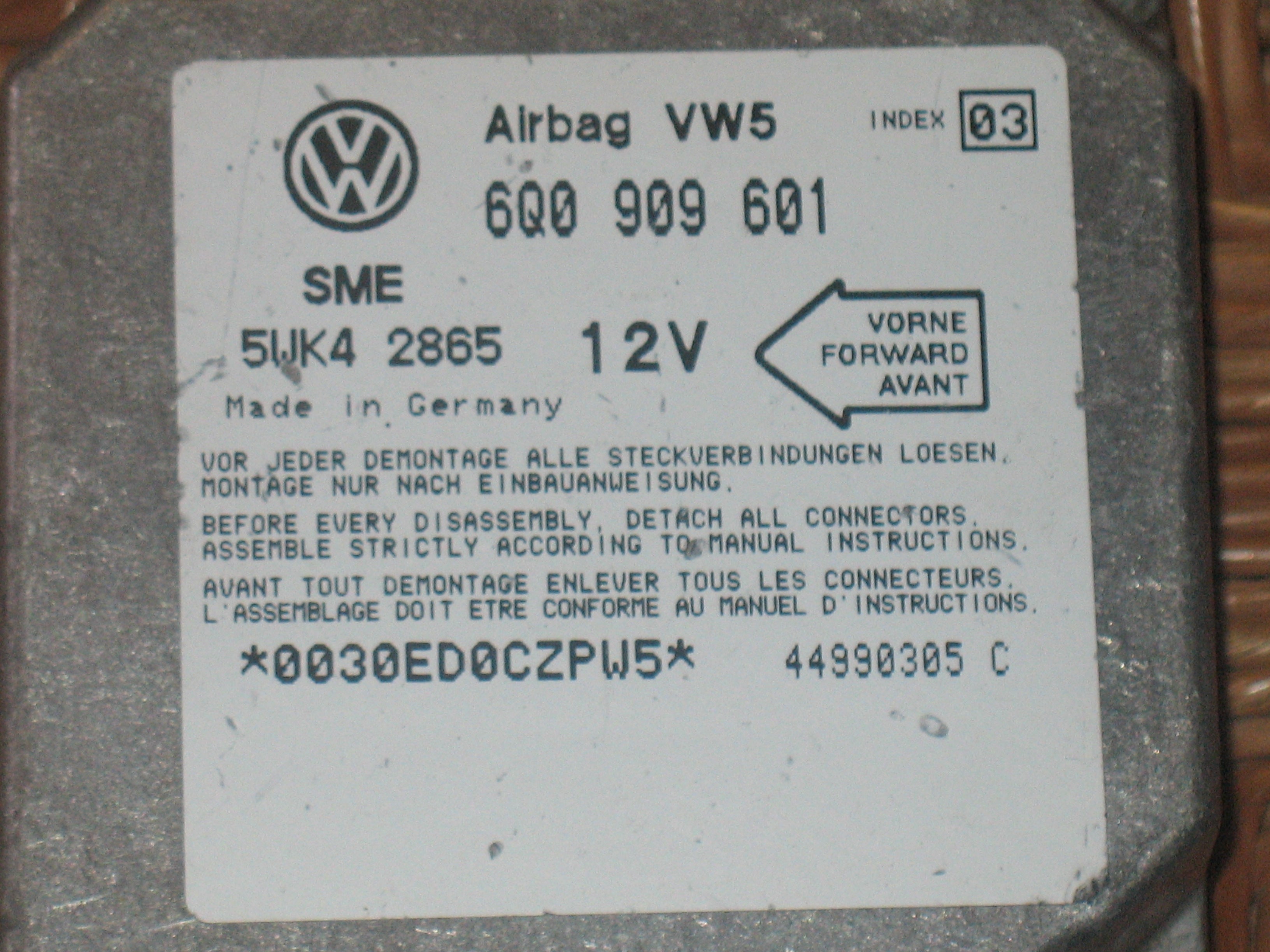 Centralina Airbag SRS VOLKSWAGEN PUNTO CLASSIC 5WK42865 VOLKSWAGEN 6Q0969601