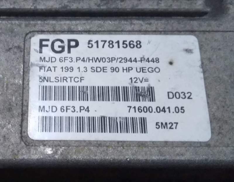ECU FIAT GRANDE PUNTO 1.3 51781568 MJD 6F3.P4 HW03P SDE 90 HP
