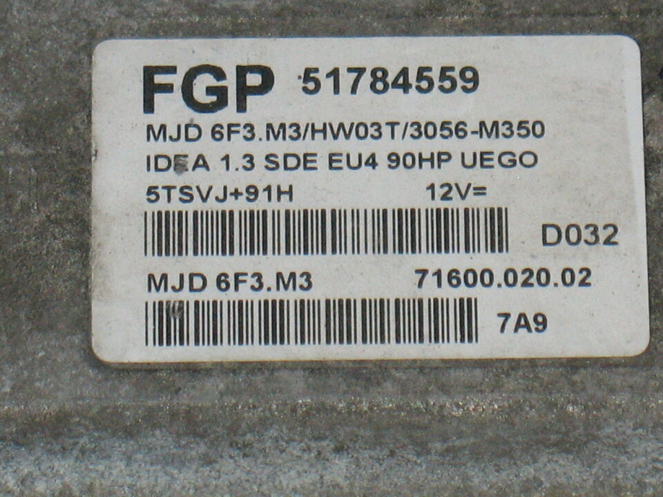 Ecu FIAT IDEA 1,3 MJET 90 HP 51784559 MJD 6F3.M3 hw03t 51784559