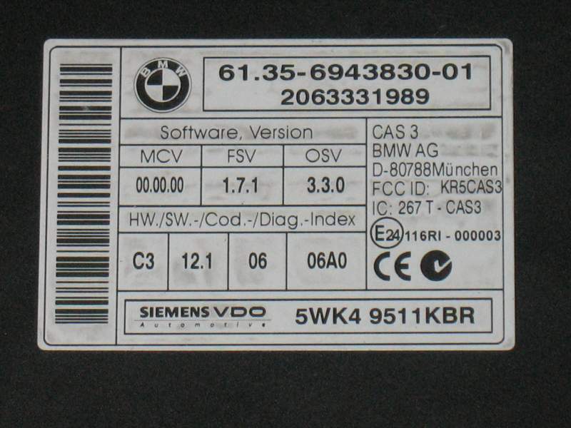 ECU CAS3 BMW SERIE-3 SIEMENS 5WK49511KBR 61.35-6943830-01